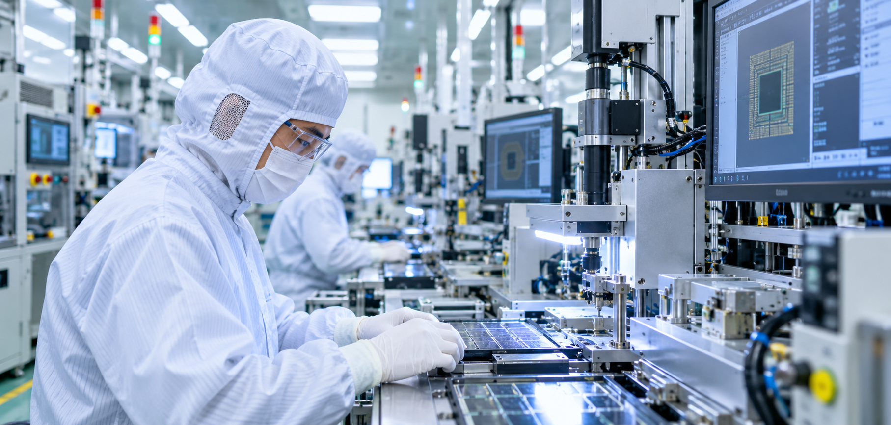 半導体製造設備を操作するクリーンルーム内の作業風景